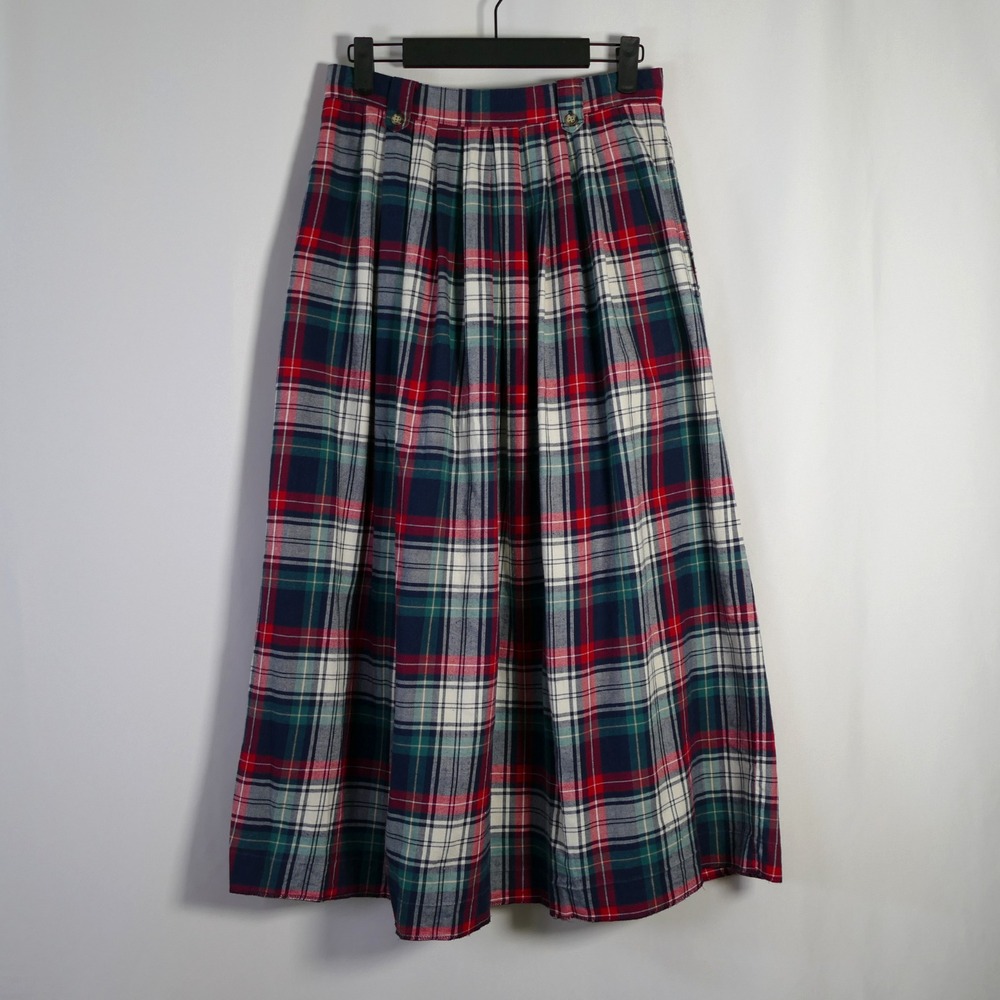 Vintage Preppy Academia Pleated Plaid Maxi Skirt Size 10 Petite Cotton Pockets